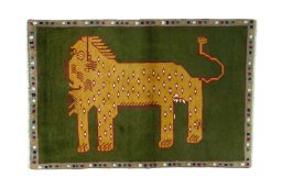 Full view of 2000s Persian Gabbeh rug from Iran / Persia, 153 × 104 cm in Green tones