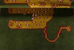 Full view of 2000s Persian Gabbeh rug from Iran / Persia, 153 × 104 cm in Green tones