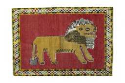 Full view of 2000s Persian Gabbeh rug from Iran / Persia, 158 × 110 cm in Red tones