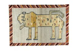 Full view of 2000s Persian Gabbeh rug from Iran / Persia, 151 × 106 cm in Beige tones