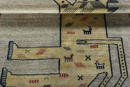 Full view of 2000s Persian Gabbeh rug from Iran / Persia, 151 × 106 cm in Beige tones