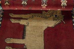 Full view of 2000s Persian Gabbeh rug from Iran / Persia, 151 × 102 cm in Red tones