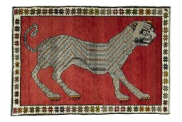 Full view of 2000s Persian Gabbeh rug from Iran / Persia, 146 × 100 cm in Red tones