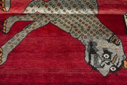 Full view of 2000s Persian Gabbeh rug from Iran / Persia, 146 × 100 cm in Red tones