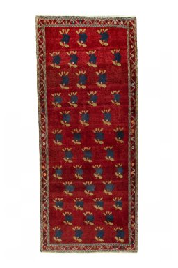 Full view of 2000s Persian Gabbeh rug from Iran / Persia, 200 × 86 cm in Red tones