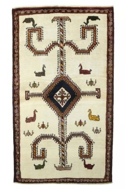 Full view of 2000s Persian Gabbeh rug from Iran / Persia, 178 × 103 cm in Beige tones