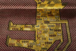 Full view of 2000s Persian Gabbeh rug from Iran / Persia, 151 × 110 cm in Red tones