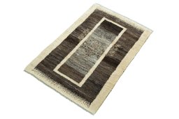 Corner detail of New Persian Gabbeh rug showing border pattern and Wool pile