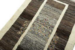 Backside of handmade New Persian Gabbeh rug showing knot structure and weave density