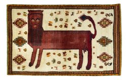 Full view of 1970s Persian Gabbeh rug from Iran / Persia, 205 × 128 cm in Beige tones