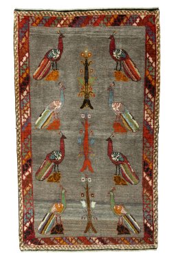 Full view of 2000s Persian Gabbeh rug from Iran / Persia, 187 × 111 cm in Gray tones