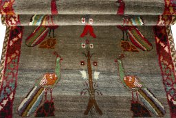 Full view of 2000s Persian Gabbeh rug from Iran / Persia, 187 × 111 cm in Gray tones