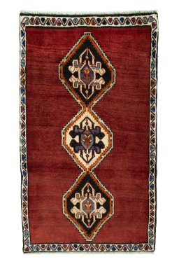 Full view of 2000s Persian Gabbeh rug from Iran / Persia, 144 × 85 cm in Red tones
