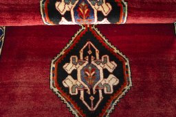 Full view of 2000s Persian Gabbeh rug from Iran / Persia, 144 × 85 cm in Red tones