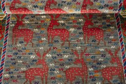 Full view of 2000s Persian Gabbeh rug from Iran / Persia, 170 × 106 cm in Gray tones