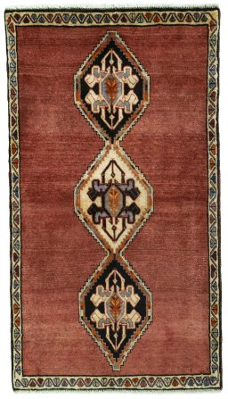 Full view of 2000s Persian Gabbeh rug from Iran / Persia, 156 × 87 cm in Red tones