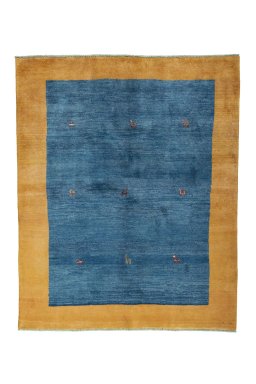 Full view of New Persian Gabbeh rug from Iran / Persia, 248 × 202 cm in Blue tones