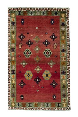 Full view of 2000s Persian Gabbeh rug from Iran / Persia, 182 × 111 cm in Red tones