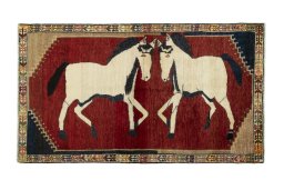 Full view of 2000s Persian Gabbeh rug from Iran / Persia, 176 × 101 cm in Red tones