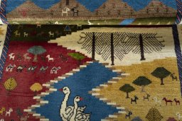 Full view of 2000s Persian Gabbeh rug from Iran / Persia, 147 × 97 cm in Multi Color tones