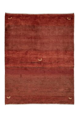 Full view of 2000s Persian Gabbeh rug from Iran / Persia, 197 × 151 cm in Red tones