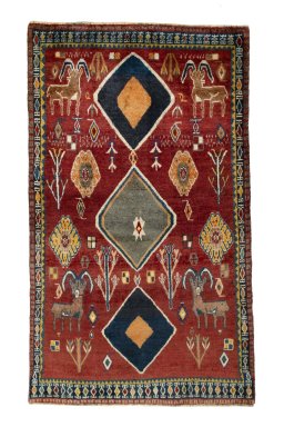 Full view of 2000s Persian Gabbeh rug from Iran / Persia, 194 × 113 cm in Red tones