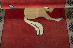 Full view of 2000s Persian Gabbeh rug from Iran / Persia, 121 × 80 cm in Red tones