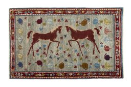 Full view of 2000s Persian Gabbeh rug from Iran / Persia, 139 × 89 cm in Beige tones