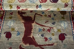 Full view of 2000s Persian Gabbeh rug from Iran / Persia, 139 × 89 cm in Beige tones