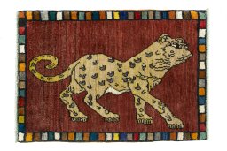 Full view of 2000s Persian Gabbeh rug from Iran / Persia, 91 × 65 cm in Red tones