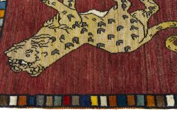 Close-up detail of 2000s Persian Gabbeh rug from Iran / Persia showing Wool weave