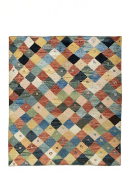 Full view of 2000s Persian Gabbeh rug from Iran / Persia, 224 × 198 cm in Multi Color tones