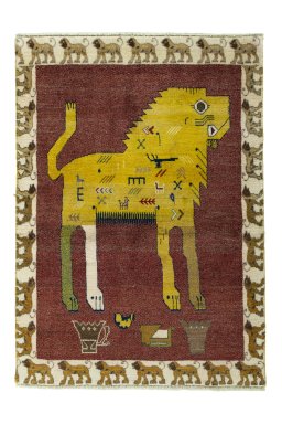 Full view of 2000s Persian Gabbeh rug from Iran / Persia, 152 × 109 cm in Red tones