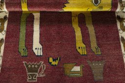 Full view of 2000s Persian Gabbeh rug from Iran / Persia, 152 × 109 cm in Red tones