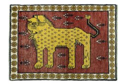 Full view of 2000s Persian Gabbeh rug from Iran / Persia, 143 × 103 cm in Red tones