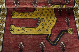 Full view of 2000s Persian Gabbeh rug from Iran / Persia, 143 × 103 cm in Red tones