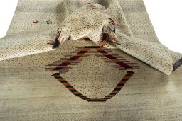 Corner detail of New Persian Gabbeh rug showing border pattern and Wool pile