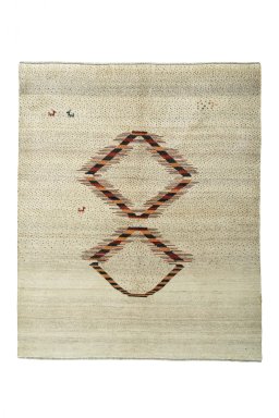 Full view of New Persian Gabbeh rug from Iran / Persia, 209 × 173 cm in Beige tones