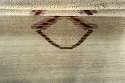 Full view of New Persian Gabbeh rug from Iran / Persia, 209 × 173 cm in Beige tones