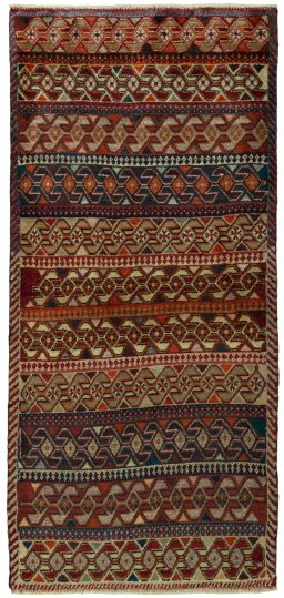 Full view of 2000s Persian Gabbeh rug from Iran / Persia, 169 × 80 cm in Multi Color tones