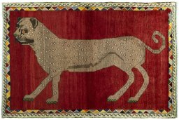 Full view of 2000s Persian Gabbeh rug from Iran / Persia, 162 × 109 cm in Red tones