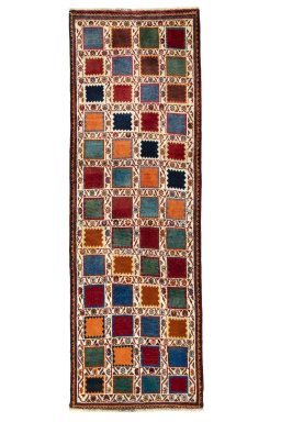 Full view of 2000s Persian Gabbeh rug from Iran / Persia, 243 × 81 cm in Multi Color tones