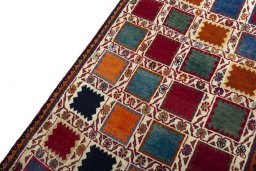 Backside of handmade 2000s Persian Gabbeh rug showing knot structure and weave density