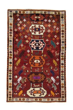 Full view of 2000s Persian Gabbeh rug from Iran / Persia, 163 × 105 cm in Red tones