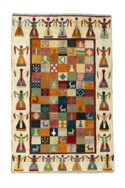 Full view of 2000s Persian Gabbeh rug from Iran / Persia, 125 × 81 cm in Multi Color tones