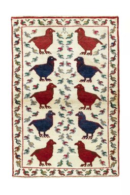 Full view of 2000s Persian Gabbeh rug from Iran / Persia, 152 × 103 cm in Beige tones