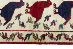 Close-up detail of 2000s Persian Gabbeh rug from Iran / Persia showing Wool weave