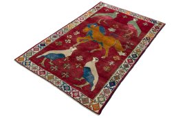 Corner detail of 2000s Persian Gabbeh rug showing border pattern and Wool pile