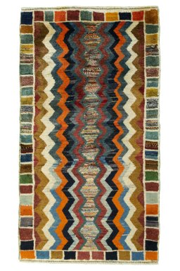 Full view of 2000s Persian Gabbeh rug from Iran / Persia, 137 × 77 cm in Multi Color tones