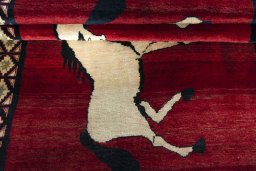 Full view of 2000s Persian Gabbeh rug from Iran / Persia, 241 × 148 cm in Red tones